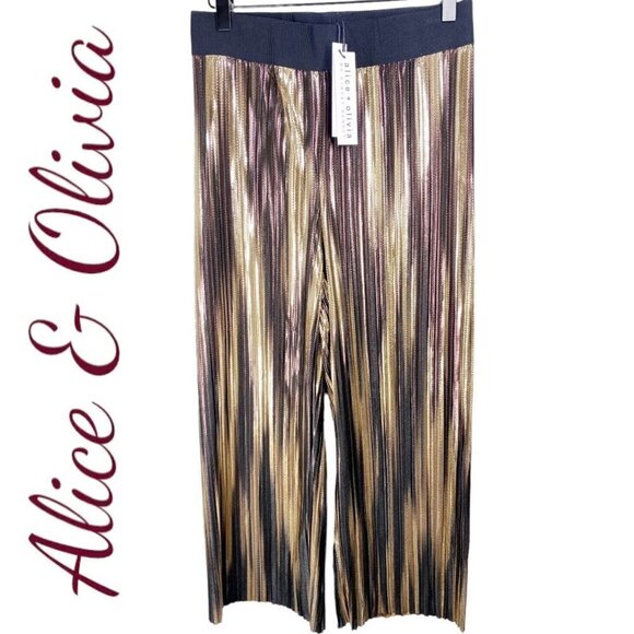 NWT ALICE & OLIVIA Elba Metallic Striped Wide Leg Festive Pants, Size Small - Picture 2 of 10